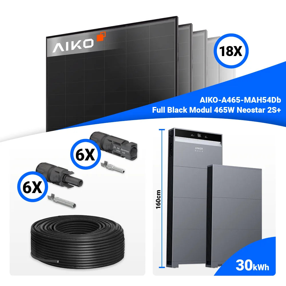 Photovoltaik Komplettpaket 8 kWp: 18x AIKO 465W Full Black Solarpanels + Anker SOLIX X1-H8K-T – erweiterbar mit Speicher