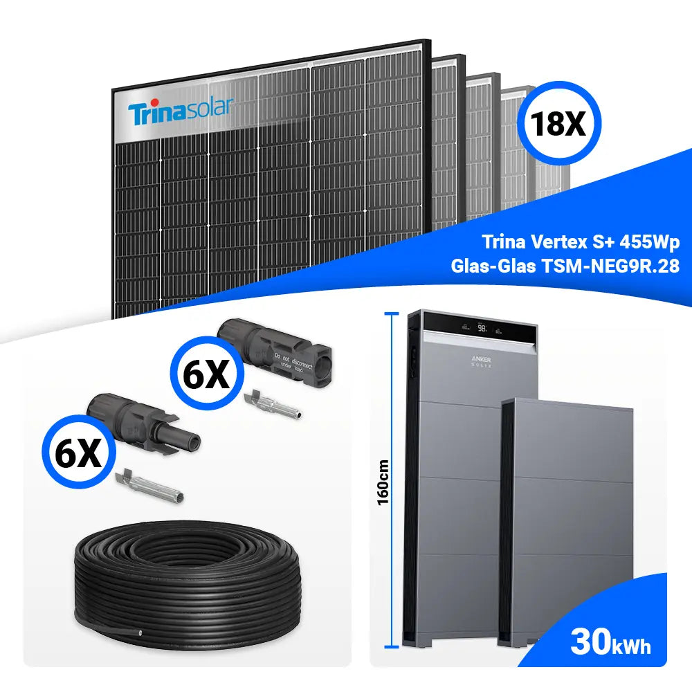 Photovoltaik Komplettpaket 8 kWp: 18x Trina Solar 455W Black Frame Solarpanels + Anker SOLIX X1-H8K-T – erweiterbar mit Speicher