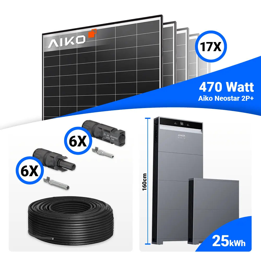 PV Anlage 8 kWp Set – 17 AIKO 470W Black Frame Solarmodule inkl. Anker X1-H8K-T Hybrid-Inverter, optionaler Batteriespeicher
