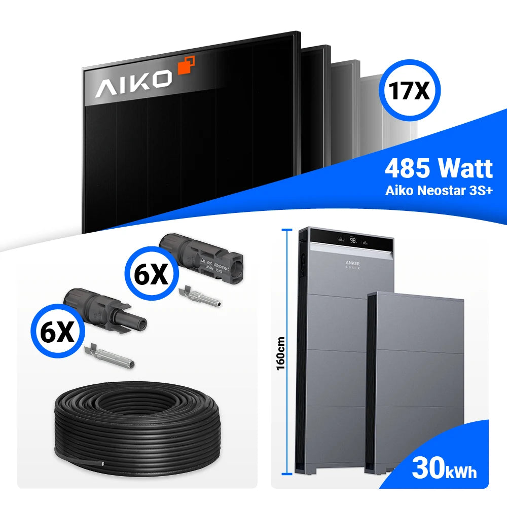 Leistungsstarkes 8 kWp PV-Anlagen Komplettpaket: 17x AIKO 485W Full Black Panels und Anker X1-H8K-T mit 30 kWh Speicher.