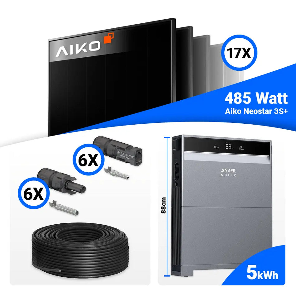 8 kWp PV Komplettset mit 17 AIKO 485W Full Black Modulen, Anker X1-H8K-T System und kompaktem 5 kWh Solarspeicher.