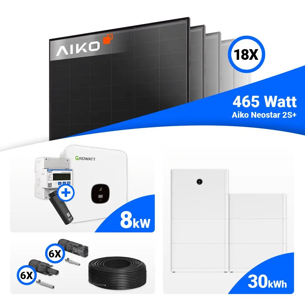 8 kWp Photovoltaik-Set mit 18 AIKO Neostar 2S+ 465W Full Black und Growatt MOD 8000TL3-XH BP Wechselrichter, Speicheroption.