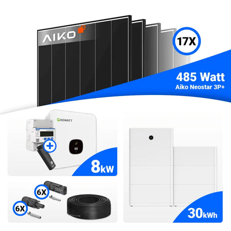 PV Komplettanlage 8 kWp mit AIKO 485W Hochleistungsmodulen und Growatt MOD 8000TL3-XH BP Hybrid-Wechselrichter.