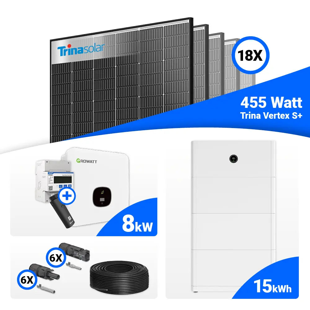 Photovoltaik Komplettpaket 8 kWp – 18x Trina 455W Black Frame, Growatt MOD 8000TL3-XH BP, speicherfähig.