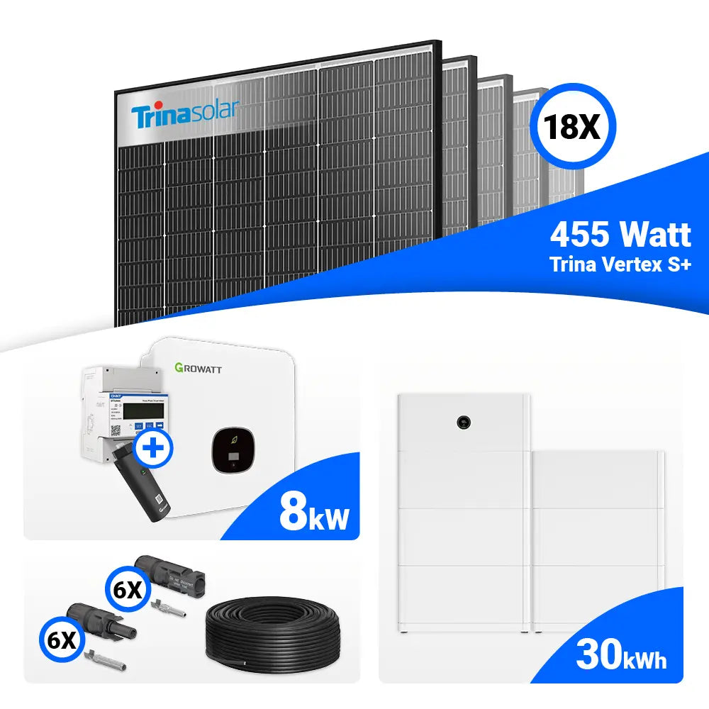 8 kWp Photovoltaik-Set mit 18 Trina 455W Modulen (Black Frame) und Growatt MOD 8000TL3-XH BP Wechselrichter, Speicheroption.