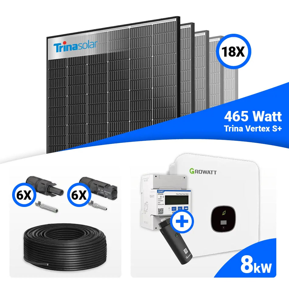 PV Komplettset  8kWp – 18x Trina 465W Black Frame & Growatt MOD 8000TL3-XH BP mit Speicheroption