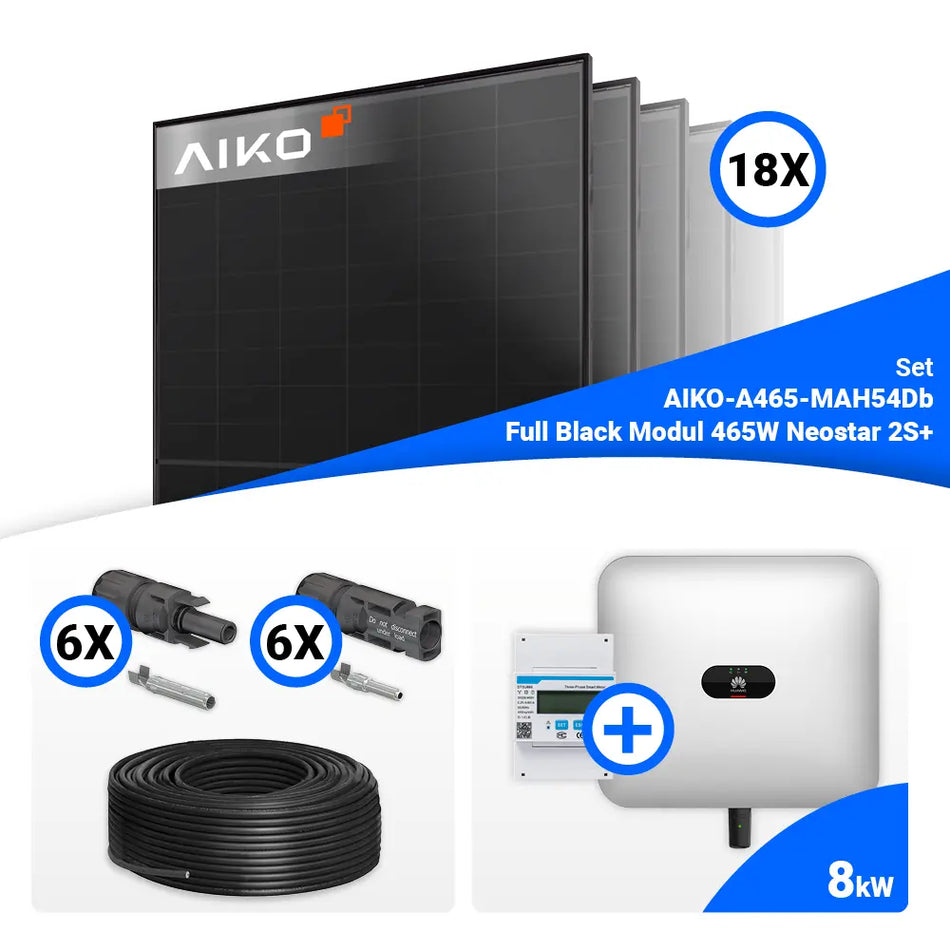 PV Komplettset 8 kWp – 18x AIKO 465W Full Black & Huawei SUN2000-8KTL-M1 mit Speicheroption
