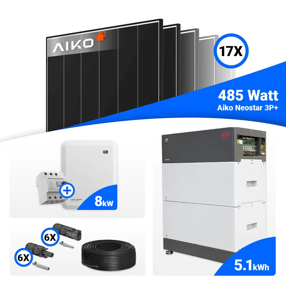 8 kWp Photovoltaik-Komplettanlage mit AIKO 485W Black Frame und SMA STP8.0-3SE-40 Hybrid-Wechselrichter für Batteriespeicher.