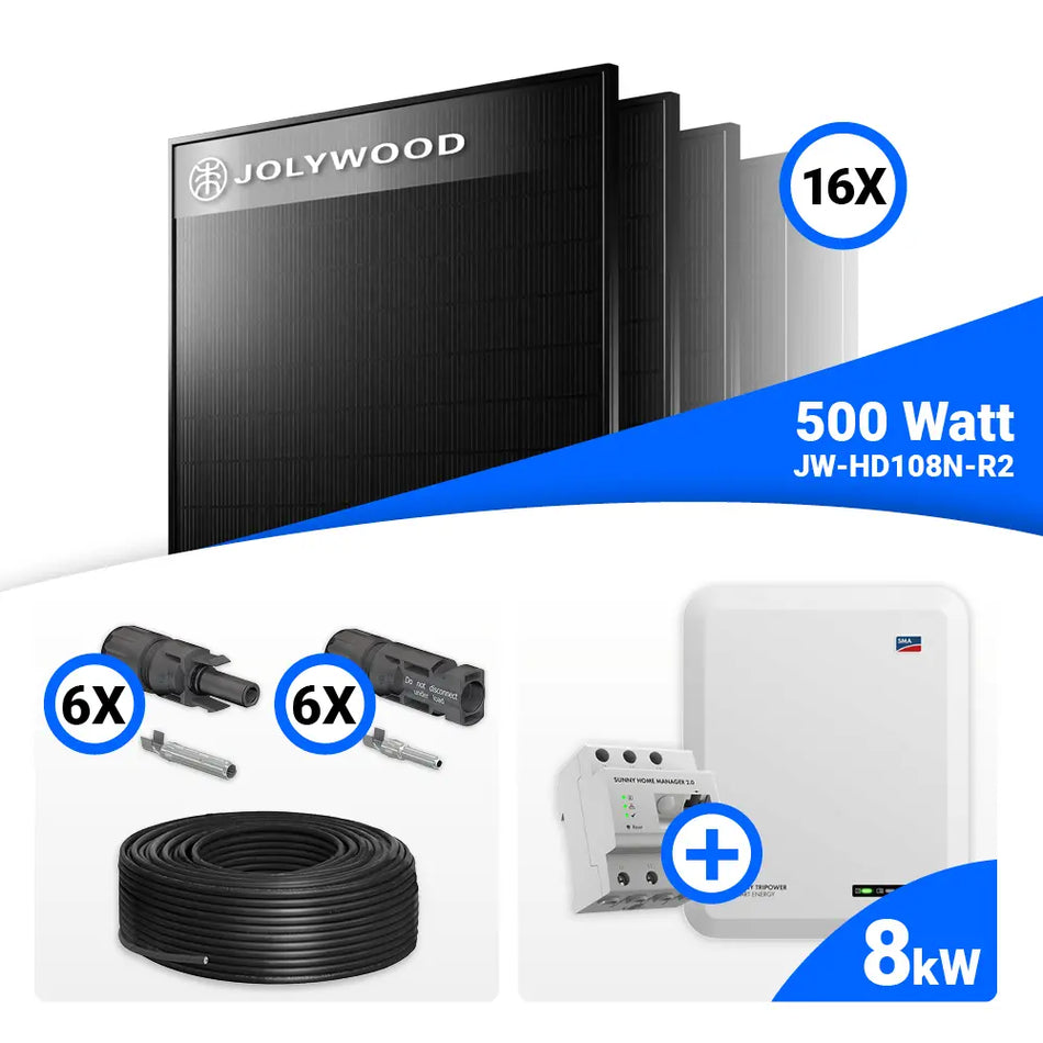 PV Komplettset 8 kWp – 16x Jolywood 500W Full Black  & SMA STP8.0-3SE-40 mit Speicheroption