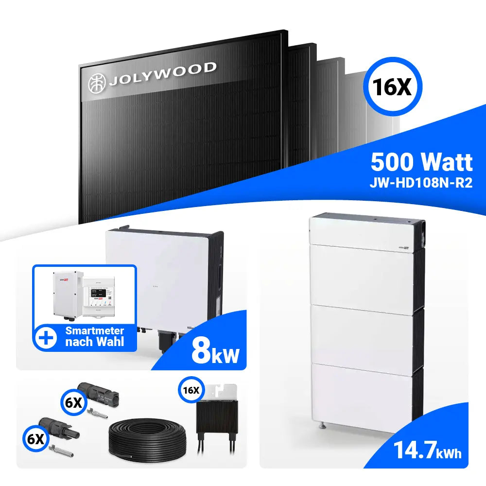 PV Komplettset 8 kWp Jolywood 500W Full Black & SolarEdge Nexis Battery Stack 15