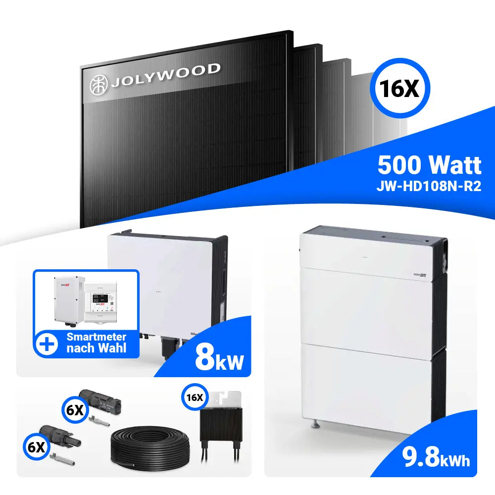 PV Komplettset 8 kWp Jolywood 500W Full Black & SolarEdge Nexis Battery Stack 10