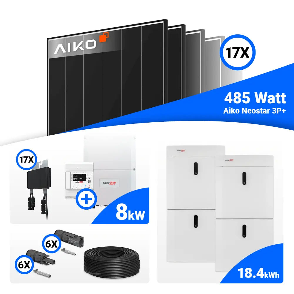 PV Komplettset 8 kWp AIKO 485W Black Frame kombiniert mit SolarEdge SE8K, Speicher und Notstrom optional – erhältlich bei SH24.