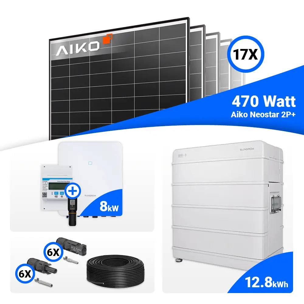PV-Set 8 kWp mit 17 AIKO 470W Panels und Sungrow SH8.0RT – leistungsstarke Lösung mit Speicheroption.