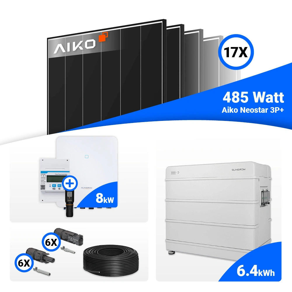 8 kWp Photovoltaik-Komplettanlage mit AIKO 485W Black Frame und Sungrow SH8.0RT für Eigenverbrauch und Batteriespeicher.