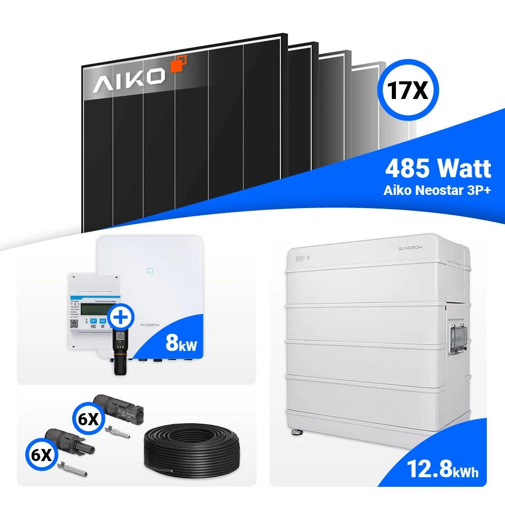 PV Anlage 8 kWp Komplettpaket mit AIKO 485W Black Frame Solarmodulen und Sungrow SH8.0RT speicherfähig.