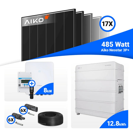PV Anlage 8 kWp Komplettpaket mit AIKO 485W Black Frame Solarmodulen und Sungrow SH8.0RT speicherfähig.