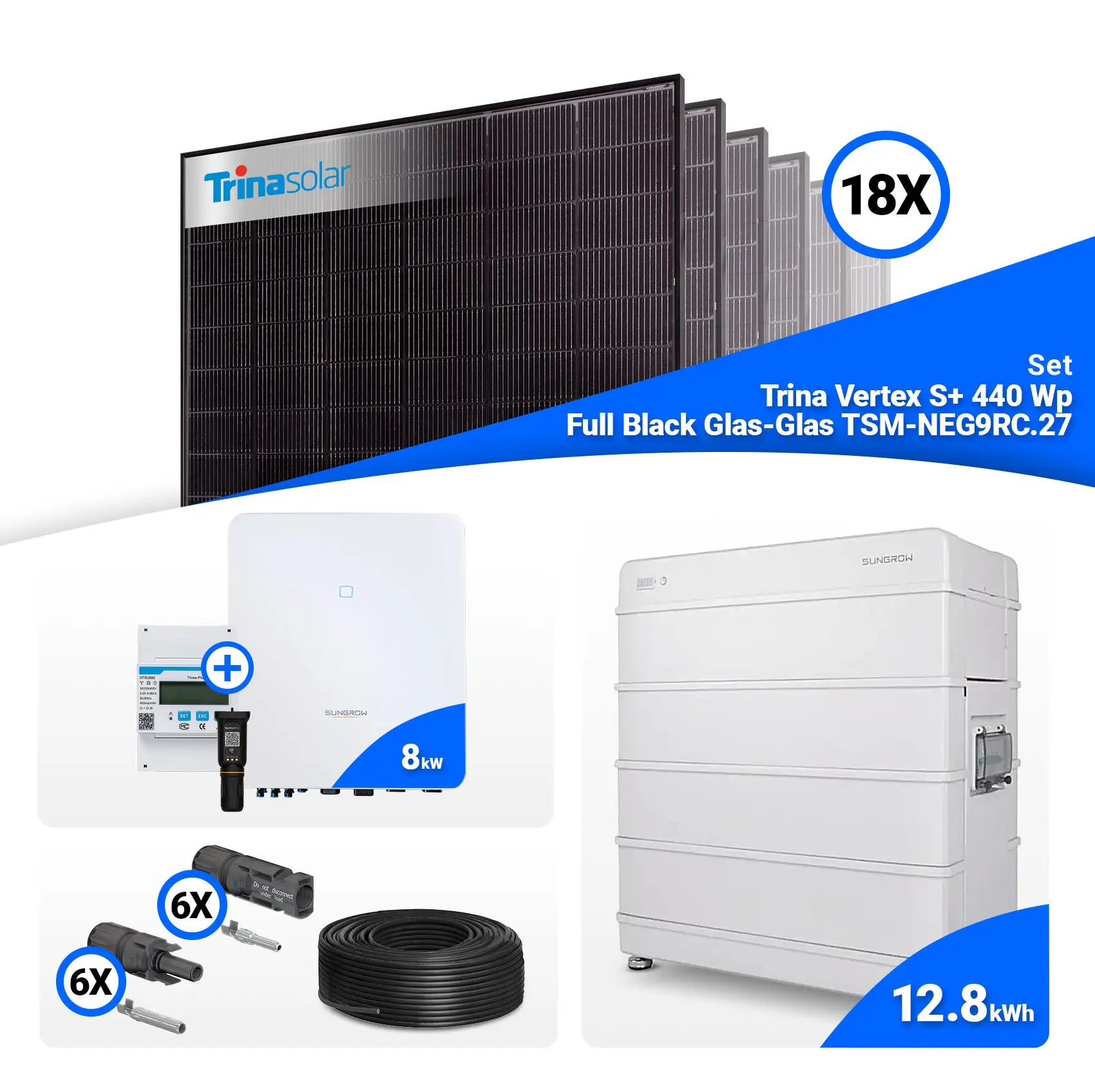 PV Komplettset 8 kWp – 18x Trina 440W Full Black Bifazial & Sungrow SH8.0RT mit Speicheroption