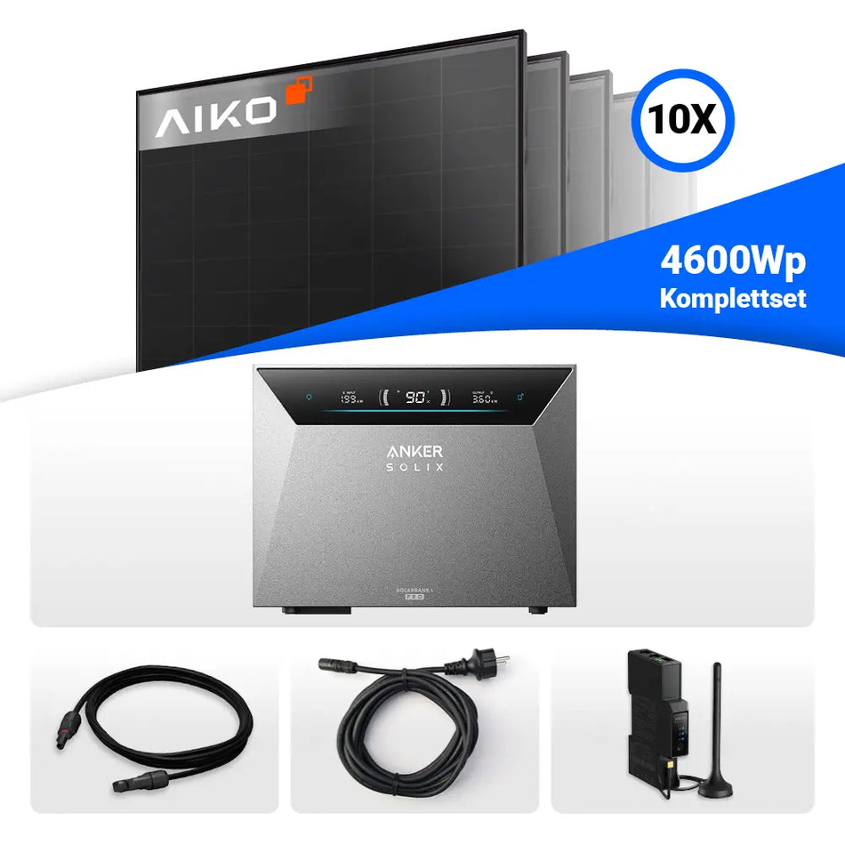 4600W Solarkraftwerk mit Speicher - 10x AIKO 460W Full Black & Anker Solix Solarbank 4 Pro