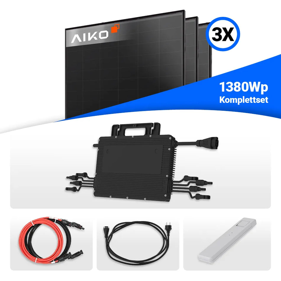 1380W Balkonkraftwerk - 3x AIKO 460W Full Black & Hoymiles HMS-1600-4T Wechselrichter inkl. DTU WLITE-S