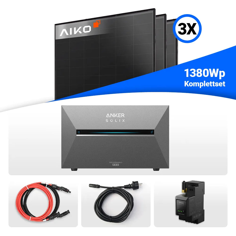 1380W Balkonkraftwerk mit Speicher - 3x AIKO 460W Full Black & Anker Solix Solarbank 3 Pro