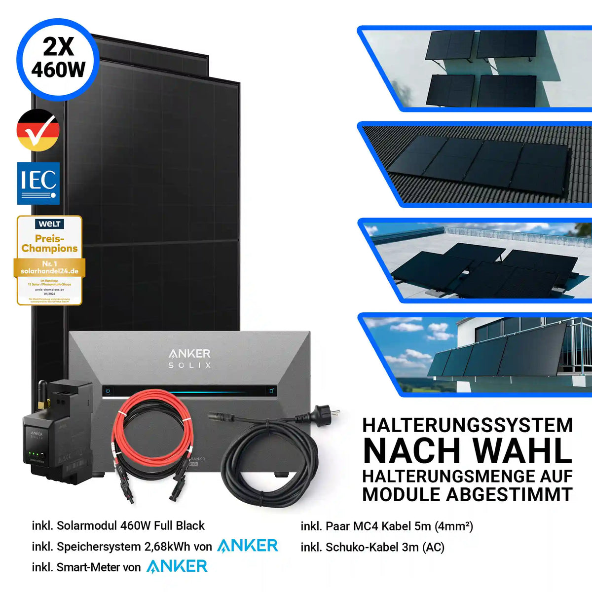 2x Aiko Solar 460 Watt Modul mit Anker Solix Solarbank 3 Pro Halterung nach Wahl Smartmeter und Kabeln