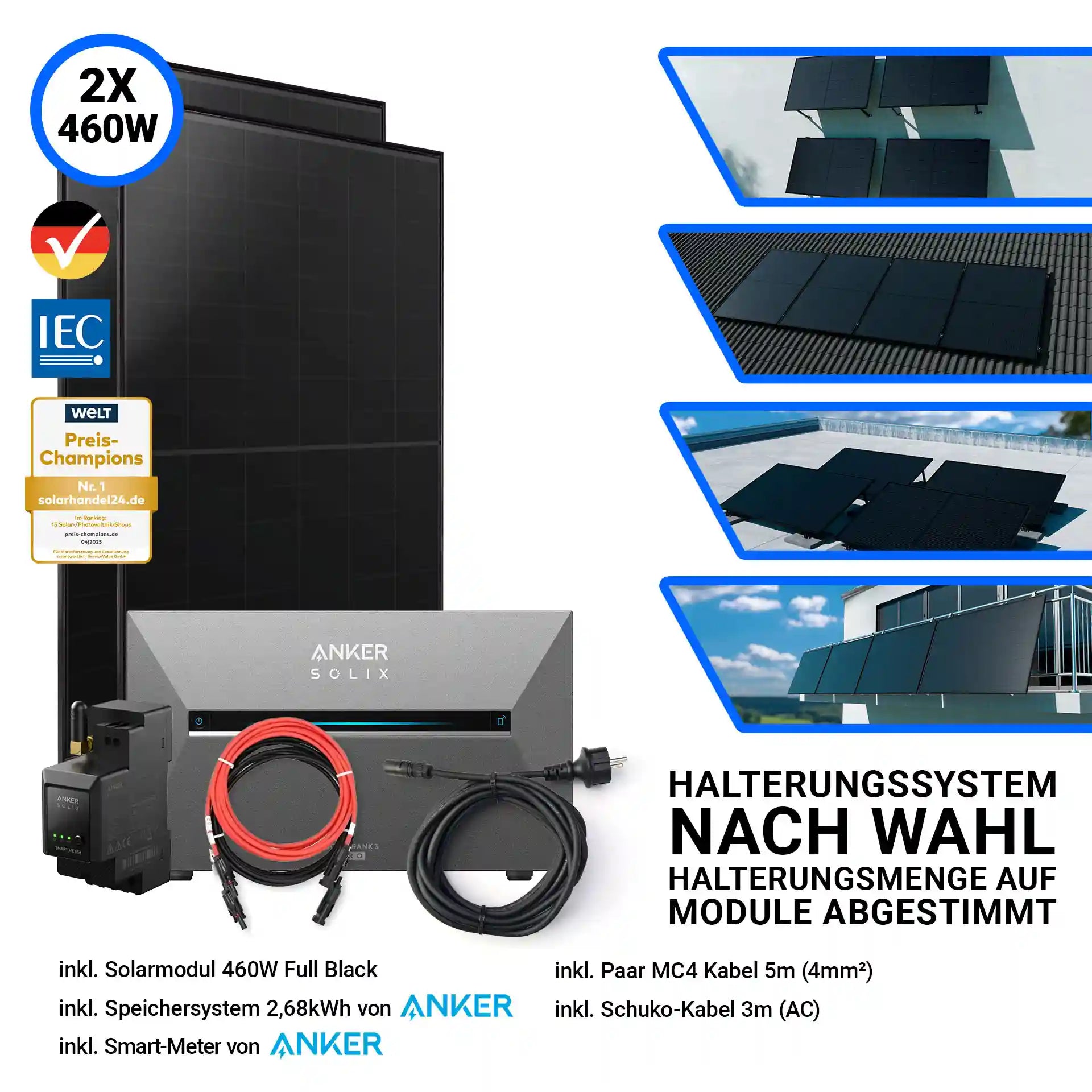 2x Aiko Solar 460 Watt Modul mit Anker Solix Solarbank 3 Pro Halterung nach Wahl Smartmeter und Kabeln