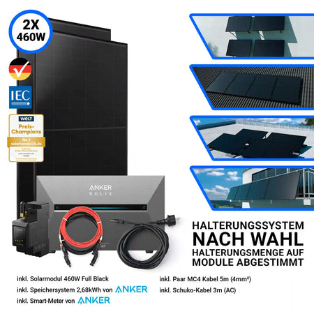 2x Aiko Solar 460 Watt Modul mit Anker Solix Solarbank 3 Pro Halterung nach Wahl Smartmeter und Kabeln