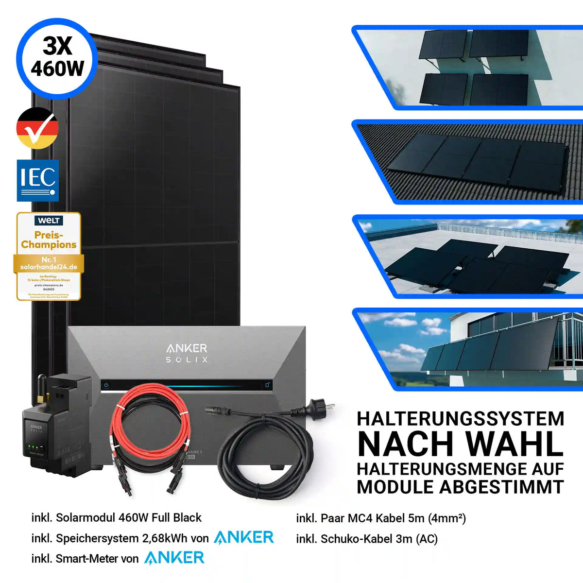 3x Aiko Solar 460 Watt Modul mit Anker Solix Solarbank 3 Pro Halterung nach Wahl Smartmeter und Kabeln