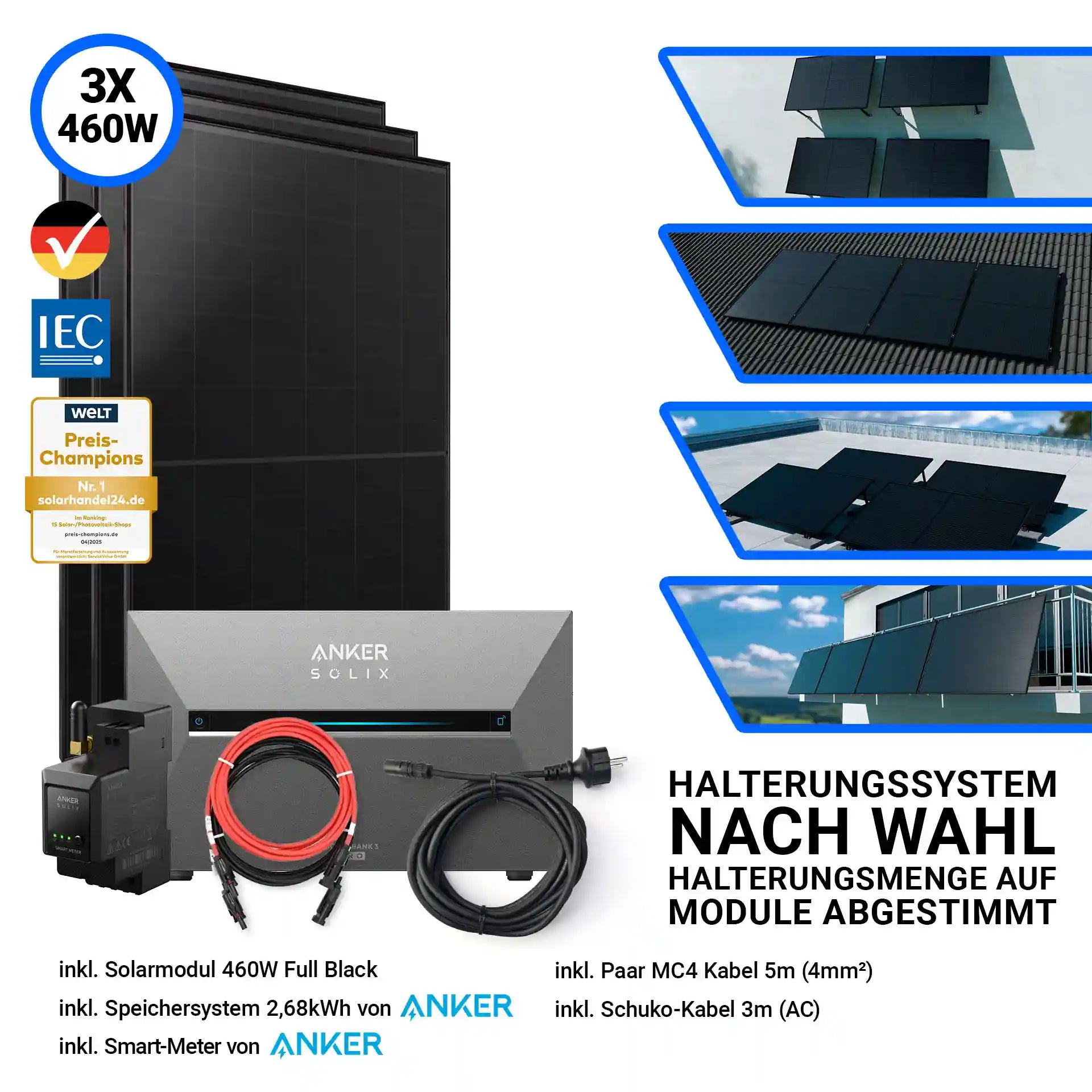 3x Aiko Solar 460 Watt Modul mit Anker Solix Solarbank 3 Pro Halterung nach Wahl Smartmeter und Kabeln