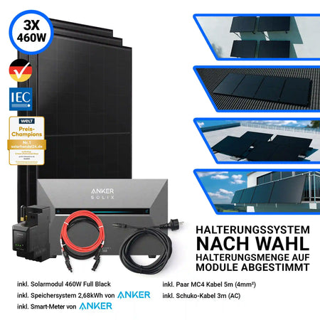 3x Aiko Solar 460 Watt Modul mit Anker Solix Solarbank 3 Pro Halterung nach Wahl Smartmeter und Kabeln
