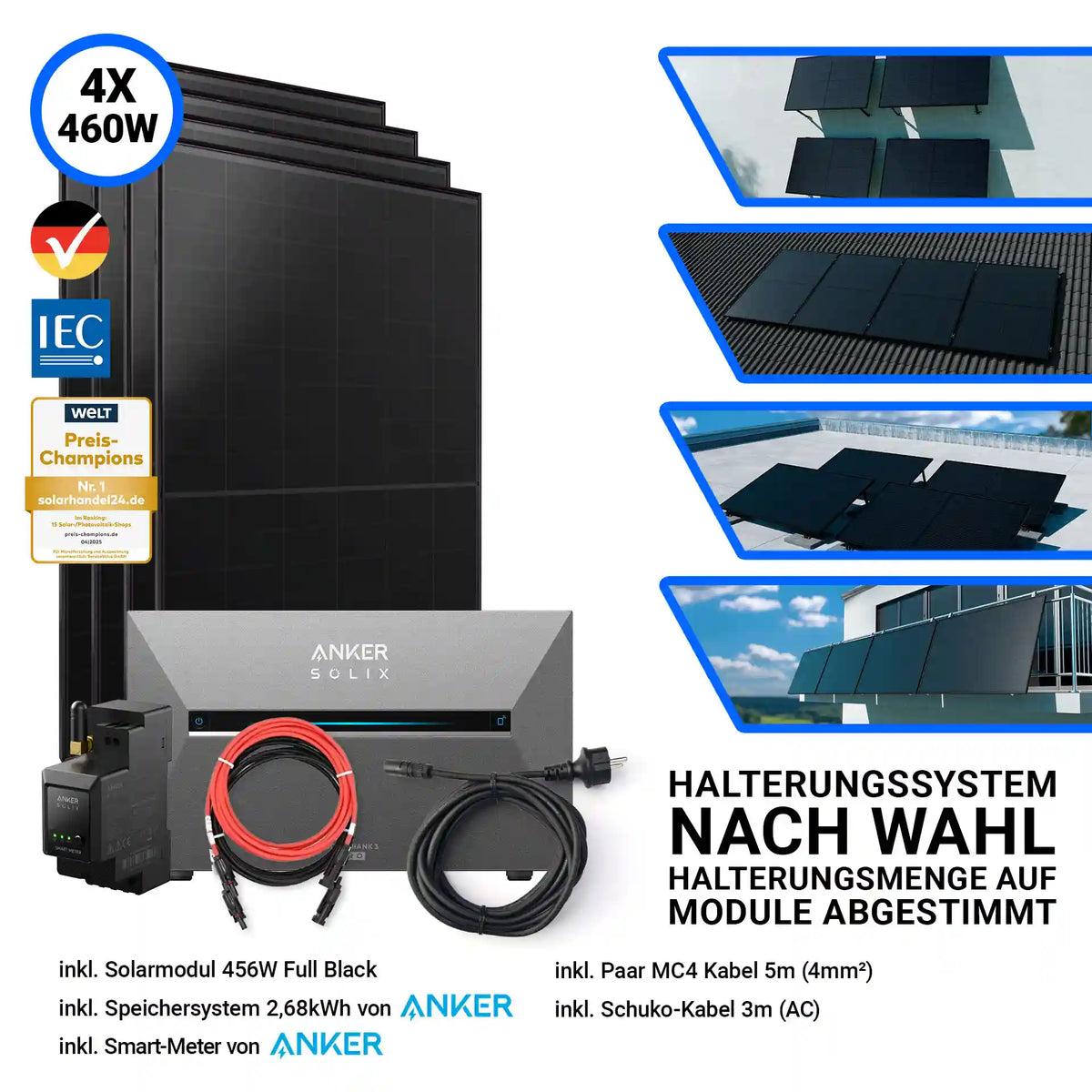 4x Aiko Solar 460 Watt Modul mit Anker Solix Solarbank 3 Pro Halterung nach Wahl Smartmeter und Kabeln