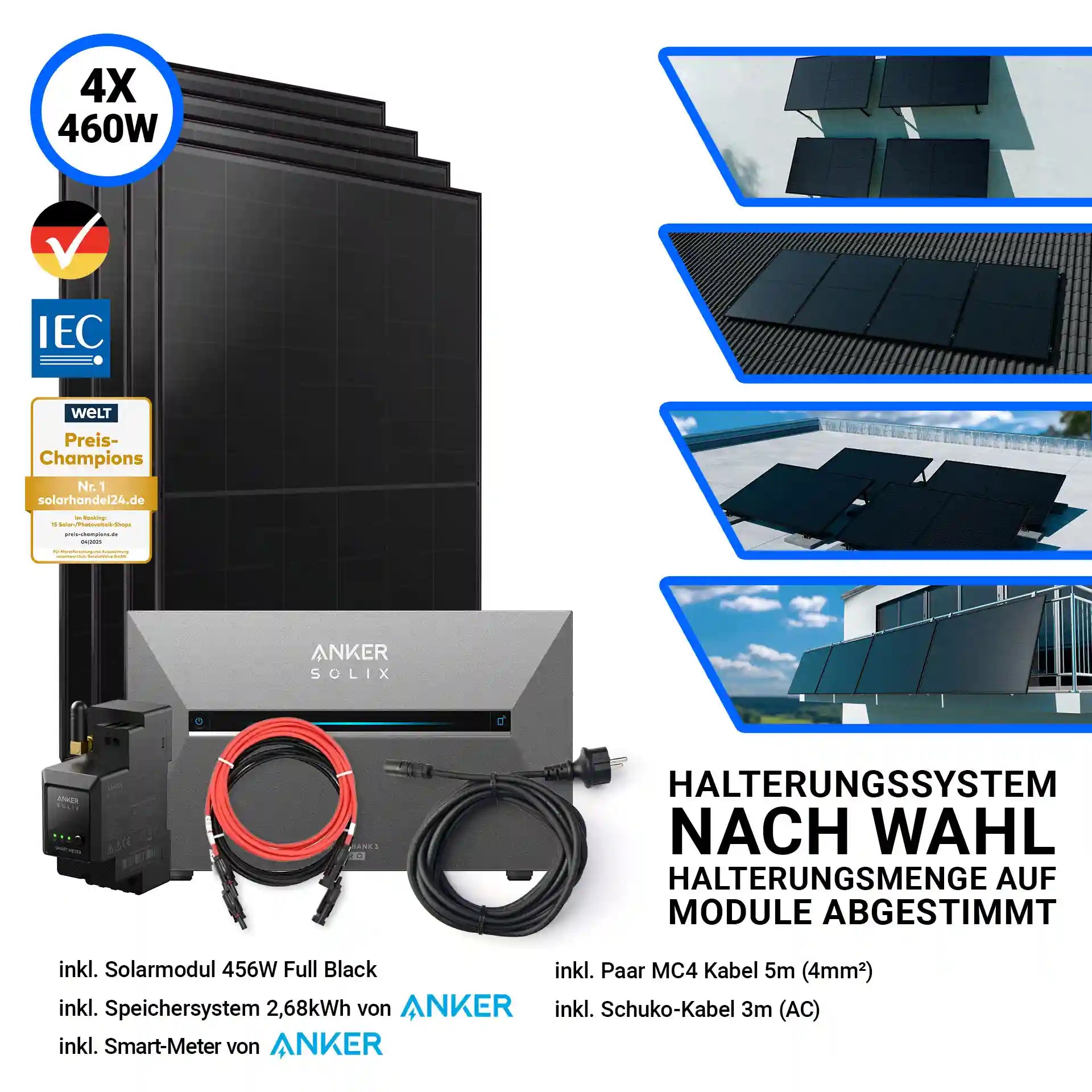 4x Aiko Solar 460 Watt Modul mit Anker Solix Solarbank 3 Pro Halterung nach Wahl Smartmeter und Kabeln