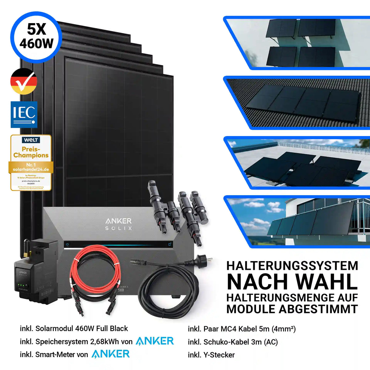 5x Aiko Solar 460 Watt Modul mit Anker Solix Solarbank 3 Pro Halterung nach Wahl Smartmeter und Kabeln