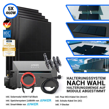 5x Aiko Solar 460 Watt Modul mit Anker Solix Solarbank 3 Pro Halterung nach Wahl Smartmeter und Kabeln