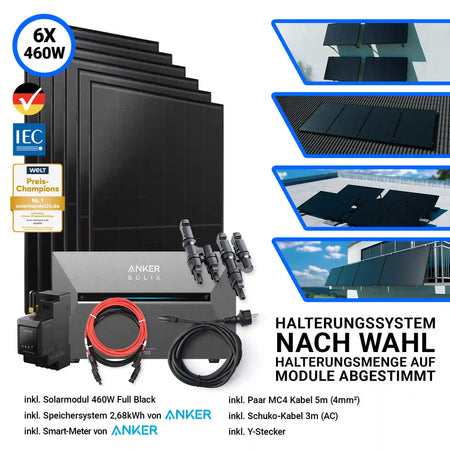 6x Aiko Solar 460 Watt Modul mit Anker Solix Solarbank 3 Pro Halterung nach Wahl Smartmeter und Kabeln