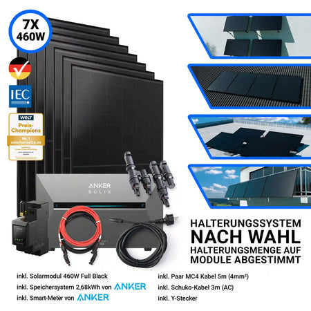 7x Aiko Solar 460 Watt Modul mit Anker Solix Solarbank 3 Pro Halterung nach Wahl Smartmeter und Kabeln