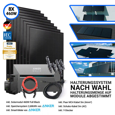 8x Aiko Solar 460 Watt Modul mit Anker Solix Solarbank 3 Pro Halterung nach Wahl Smartmeter und Kabeln