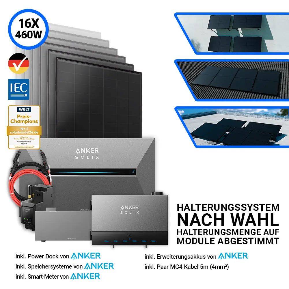 Anker Solix Komplettset mit 16 AIKO Solarmodulen à 460W, inklusive PowerDock mit integriertem Wechselrichter, Speicher, Erweiterungsakku, Smart-Meter, Kabel und Halterungssystem nach Wahl – erhältlich bei SH24.