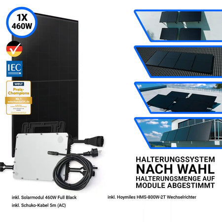 Set mit Aiko 460W Full Black Solarmodul, Hoymiles HMS-800W-2T Wechselrichter und 5m Schuko-Kabel. Links im Bild das schwarze Solarmodul mit Wechselrichter und Anschlusskabel, rechts verschiedene Montagemöglichkeiten dargestellt: Flachdach, Ziegeldach, Bodenaufstellung und Balkonmontage. Halterungssystem nach Wahl, abgestimmt auf die Modulanzahl.