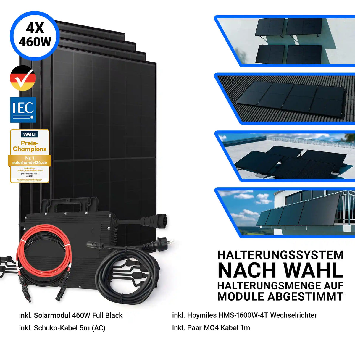 Set mit 4x Aiko 460W Full Black Solarmodulen, Hoymiles HMS-1600W-4T Wechselrichter, 5m Schuko-Kabel (AC) und 1m MC4-Kabel. Links im Bild die vier schwarzen Solarmodule mit Wechselrichter und Anschlusskabeln, rechts verschiedene Montagemöglichkeiten: Flachdach, Ziegeldach, Bodenaufstellung und Balkonmontage. Halterungssystem nach Wahl, abgestimmt auf die Modulanzahl.