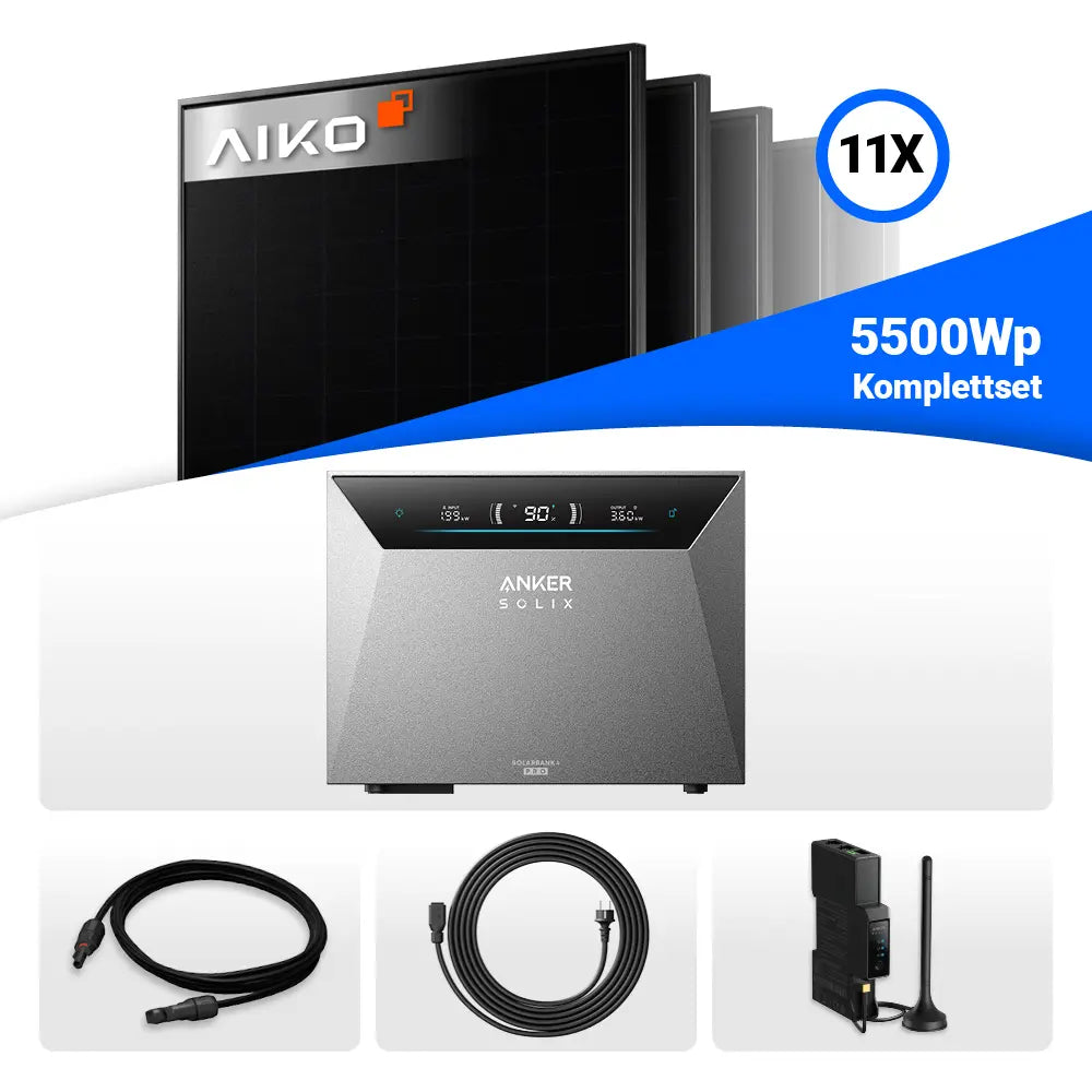5500Wp Balkonkraftwerk Set: 11x AIKO 500W bifazial & Anker Solix Solarbank 4 Pro Speicher.