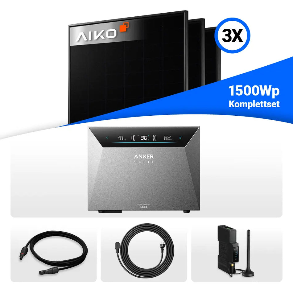 1500Wp Balkonkraftwerk Set: 3x AIKO 500W bifazial & Anker Solix Solarbank 4 Pro Speicher.
