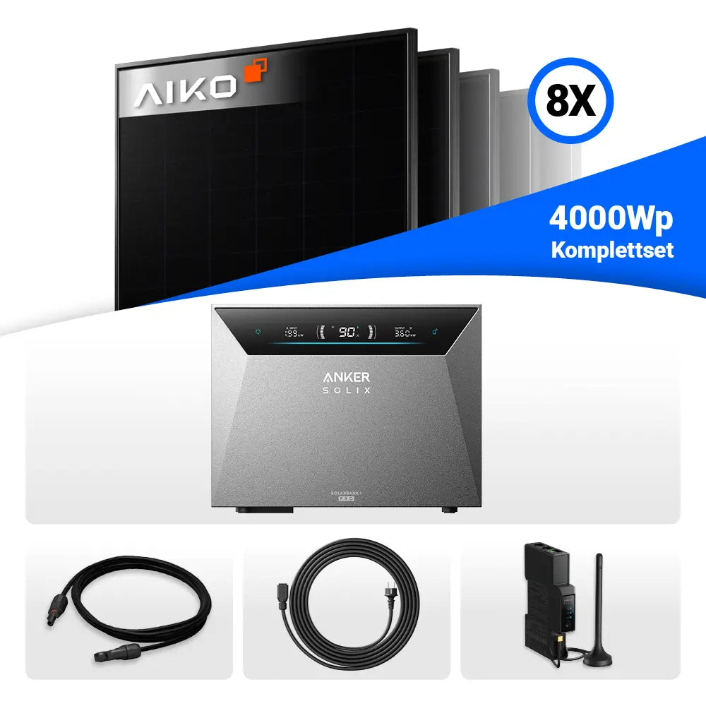 4000Wp Solaranlage Speicher-Set: 8x AIKO 500W Full Black Module & Anker Solix Solarbank 4 Pro.