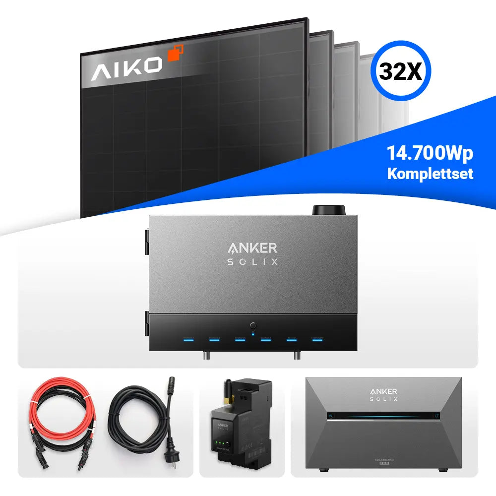 Anker Solix Komplettset mit 32 AIKO Solarmodulen 14.700 Wp, Wechselrichter, PowerDock, Kabel und Zubehör für effiziente Stromerzeugung.