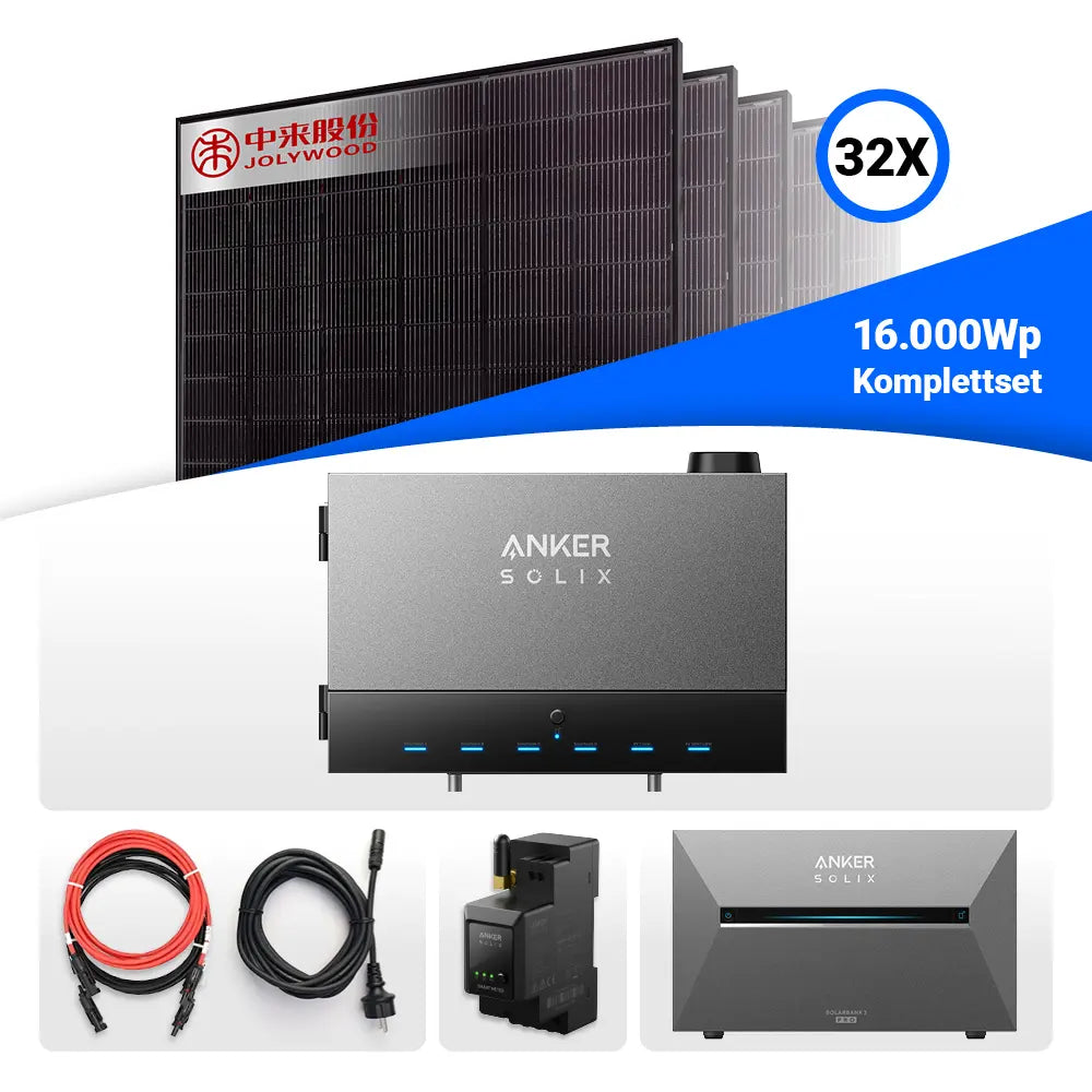 Anker SOLIX Komplettset mit 32 Jolywood-Solarmodulen (16.000 Wp), Power Dock, Solarbanks, Kabeln und Zubehör. Oben sind die schwarzen Jolywood-Panels mit Logo abgebildet, darunter die zentrale Steuereinheit Anker SOLIX Power Dock, rote und schwarze Anschlusskabel, ein Smart Meter sowie die Solarbatterie Solix 3.