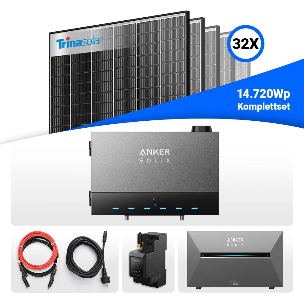 14,72 kW Anker Solix Power Dock PV-Komplettset mit 32x Trina Vertex S+ 460W Glas-Glas Solarmodulen im schwarzen Rahmen und Anker Solix Solarbank 3 Pro. Enthalten sind Power Dock, Smart Meter, Kabelset und Speicherlösung von Anker.