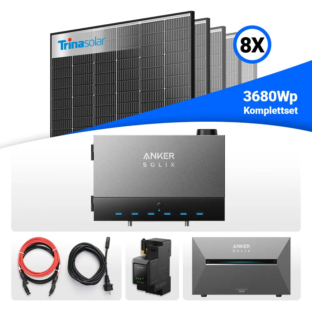 3680W Anker Solix Power Dock PV-Komplettset mit 8x Trina Vertex S+ 460W Glas-Glas Solarmodulen im Black Frame Design. Inklusive Anker Solix Solarbank 3 Pro, Power Dock, Smart Meter sowie Anschlusskabel. Hochwertiges Balkonkraftwerk-Set für maximale Energieeffizienz.