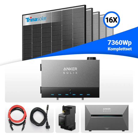7360W Anker Solix Power Dock PV-Komplettset mit 16x Trina Vertex S+ 460W Glas-Glas Solarmodulen im Black Frame Design. Inklusive Anker Solix Solarbank 3 Pro, Power Dock, Smart Meter sowie Anschlusskabeln. Hochwertiges Komplettset für effiziente Stromerzeugung und Speicherung.