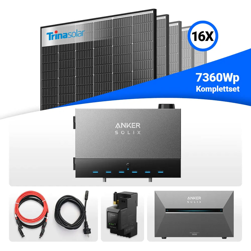 7360W Anker Solix Power Dock PV-Komplettset mit 16x Trina Vertex S+ 460W Glas-Glas Solarmodulen im Black Frame Design. Inklusive Anker Solix Solarbank 3 Pro, Power Dock, Smart Meter sowie Anschlusskabeln. Hochwertiges Komplettset für effiziente Stromerzeugung und Speicherung.