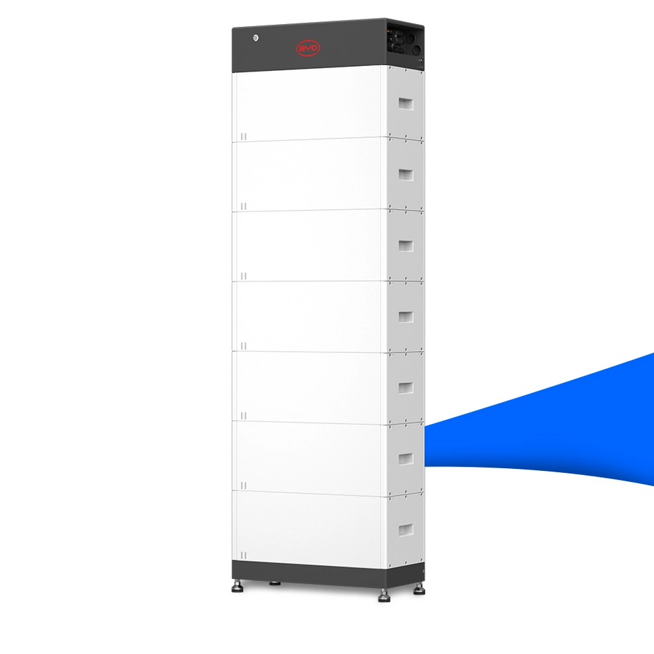 BYD HVM+ 19.3 Battery-Box – extra großer modularer Hochvolt-Stromspeicher in weiß-grauem Gehäuse mit rotem BYD-Logo, ideal für hohe Energieanforderungen in Photovoltaikanlagen. Erhältlich bei sh24.